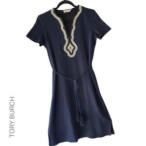 TORY BURCH | LILIANA SOUTACHE NAVY BLUE LINEN DRESS EMBROIDERED EXTRA SMALL | TP